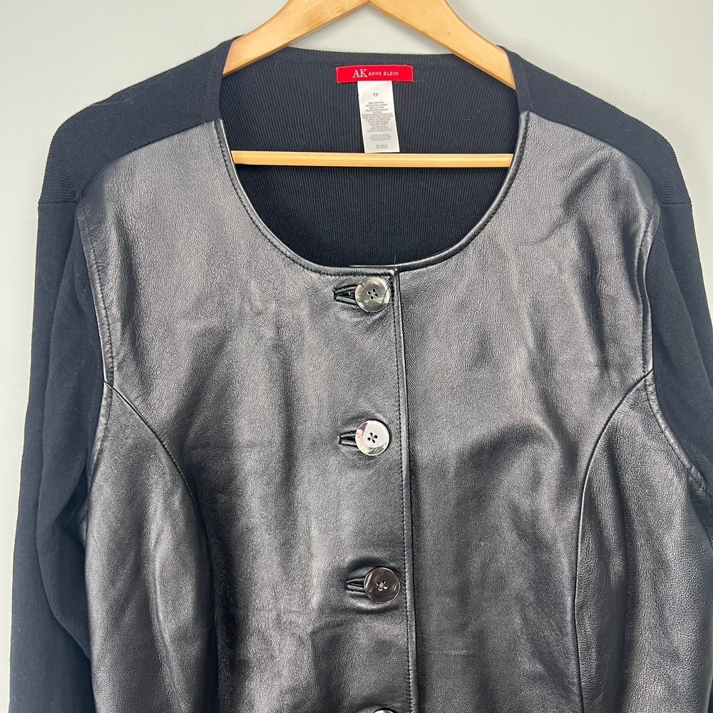 Anne Klein Black Rib Knit Leather Front Cardigan Sweater 1X Business Office Chic - Picture 2 of 7
